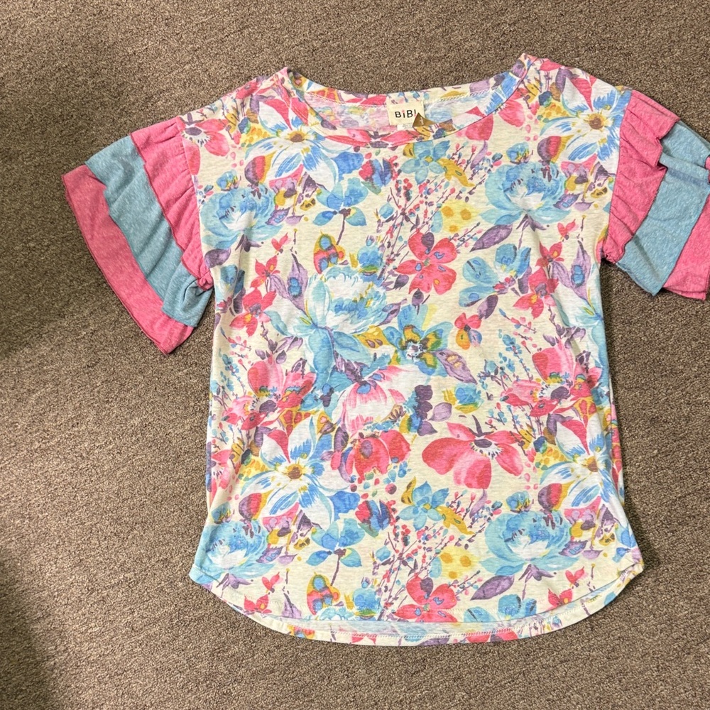 BiBi Floral Short Sleeve Tee - Pink and Blue